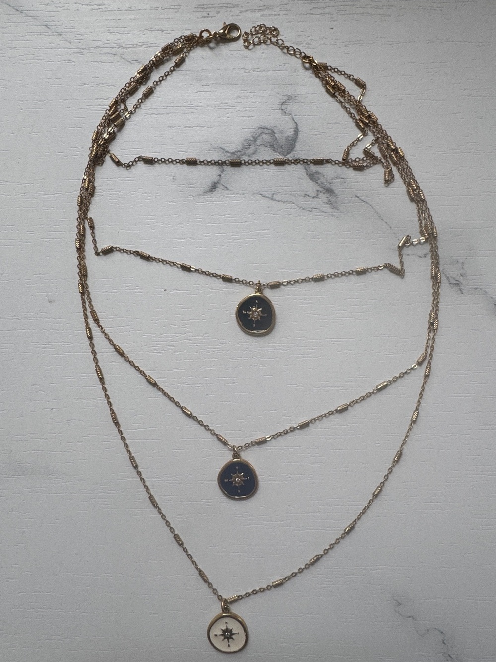 Layered Gold Tone Compass Pendant Necklace Set (black-navy-white) Women Jewelry